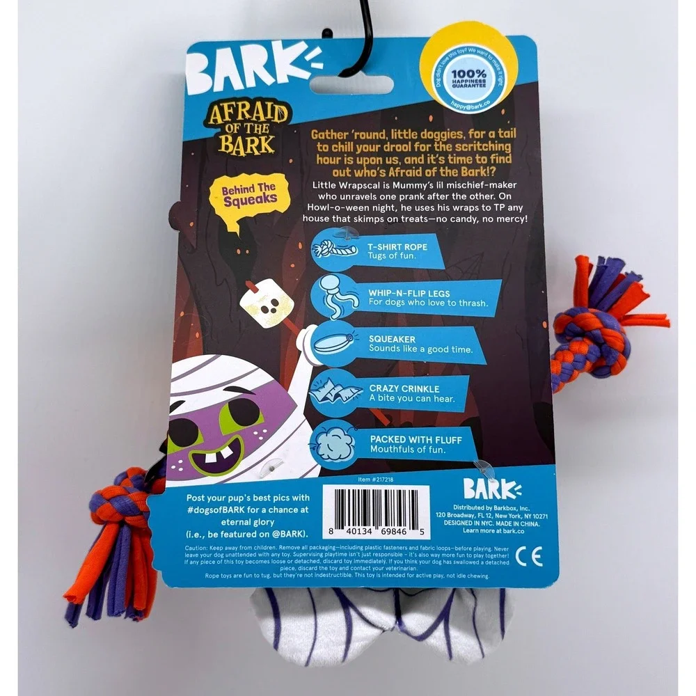 Bark Little Wrapscal Mummy Halloween Dog Toy Rope Squeaky